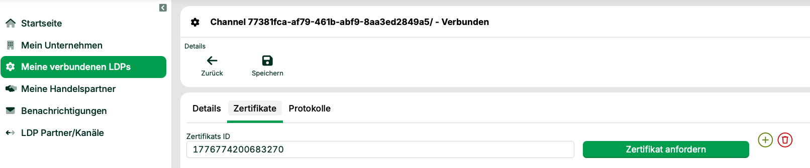 User interface displaying channel details and certificate ID for connected LDPs.